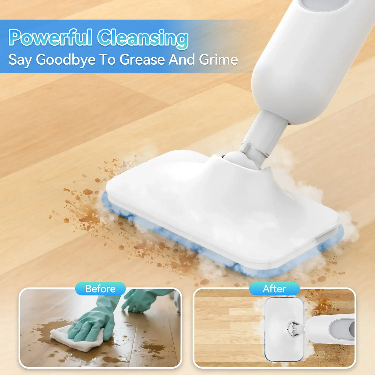 Cleaning tool with a white handle and blue cleaning pad on a wooden floor, showing before and after effects.