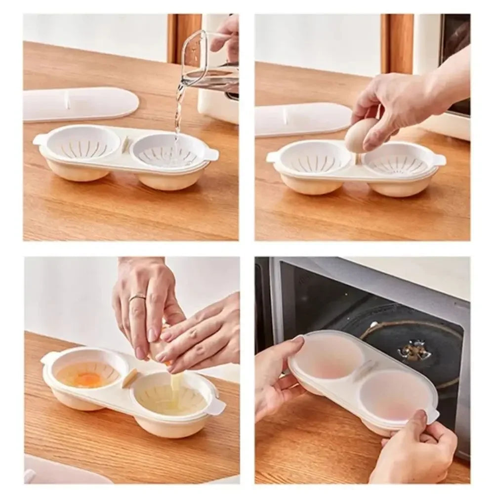 Step-by-step process of using a white egg separator on a wooden surface.