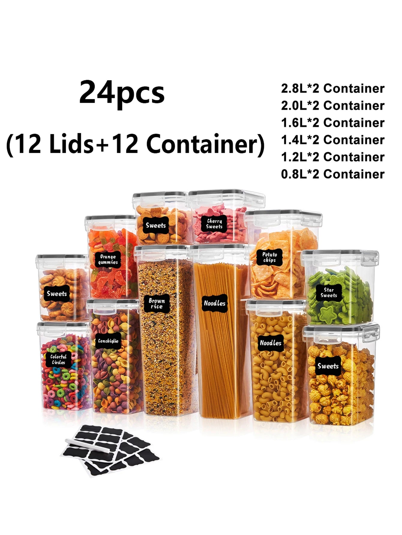 Set of 24 food storage containers with labels on a white background
