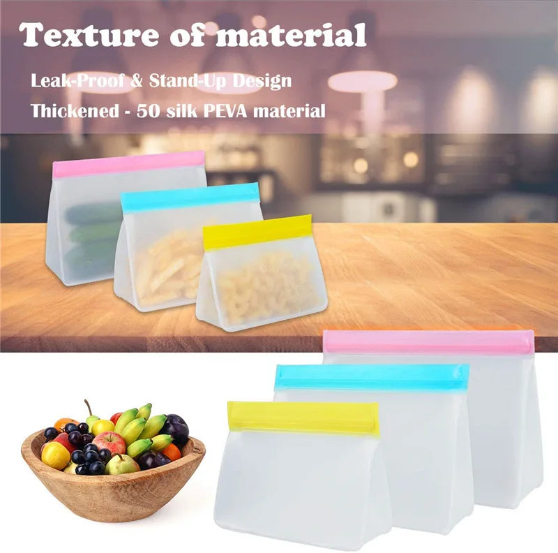 Silicone food storage bags with colorful lids on a kitchen counter, featuring text about material and design.