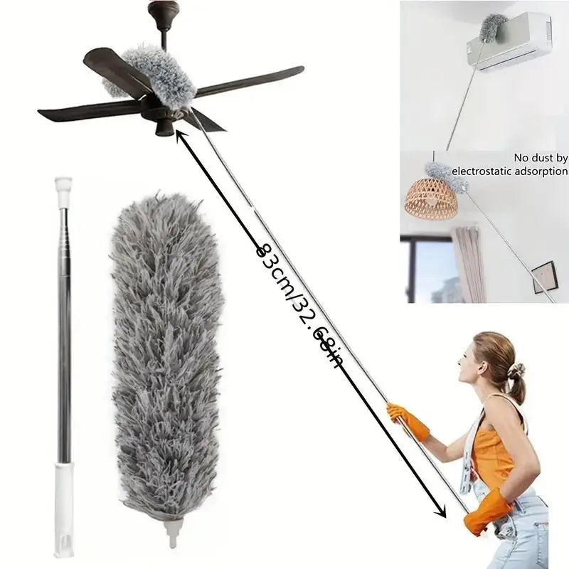 Cleaning tool with extendable handle and feather duster attachment, used to clean a ceiling fan.