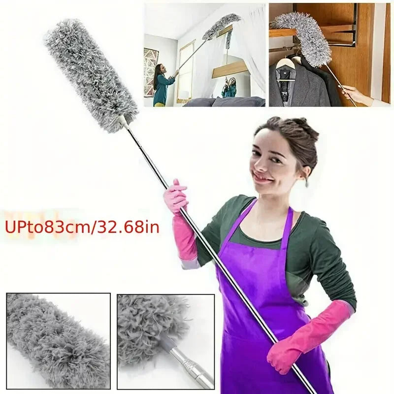 Cleaning tool with extensions being used by a woman in a purple apron and pink gloves.