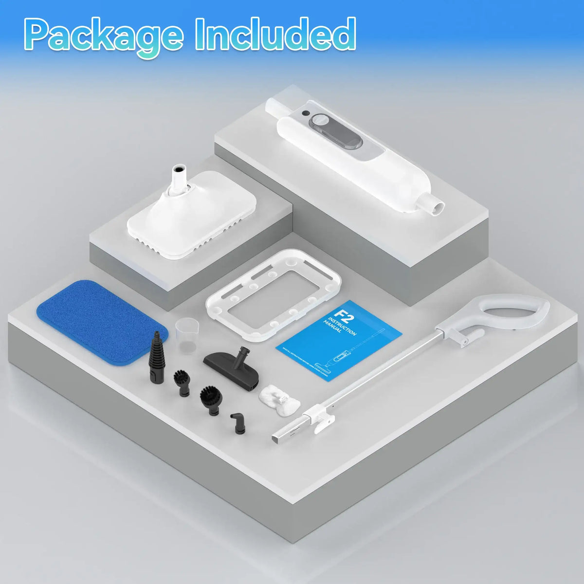 Set of cleaning tools and accessories on a gray platform with 'Package Included' text.