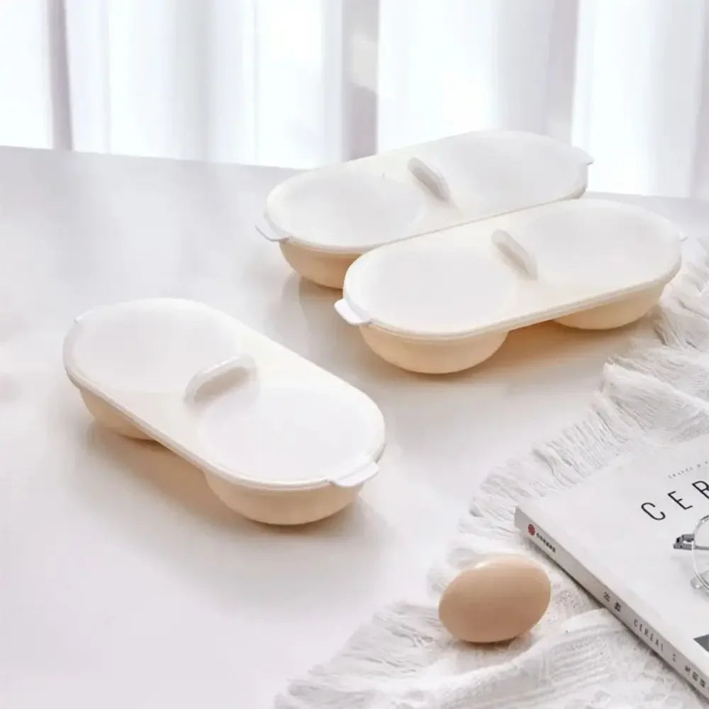 Set of beige ceramic egg trays on a light surface with a white curtain in the background.