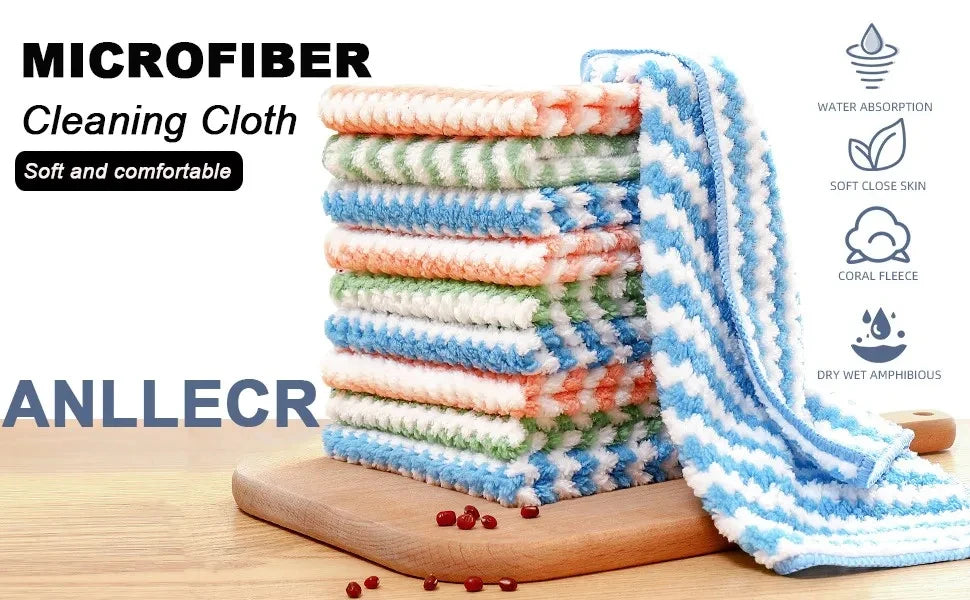 Stack of colorful microfiber cleaning cloths on a wooden surface with ANLECR branding.