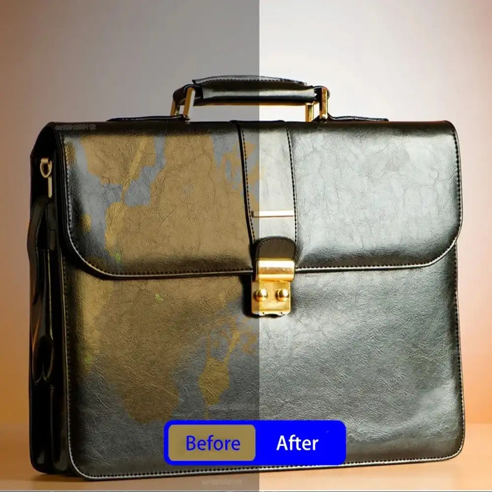 Before and after comparison of a leather briefcase with gold buckle.