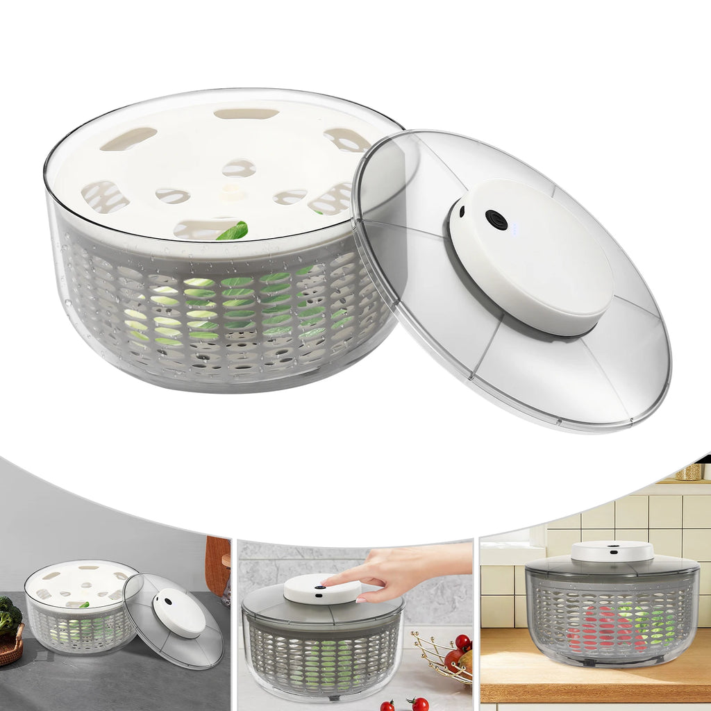 A salad spinner basket with a clear lid and white plastic top, shown open on a white background with smaller lifestyle inset photos demonstrating use in a kitchen setting.