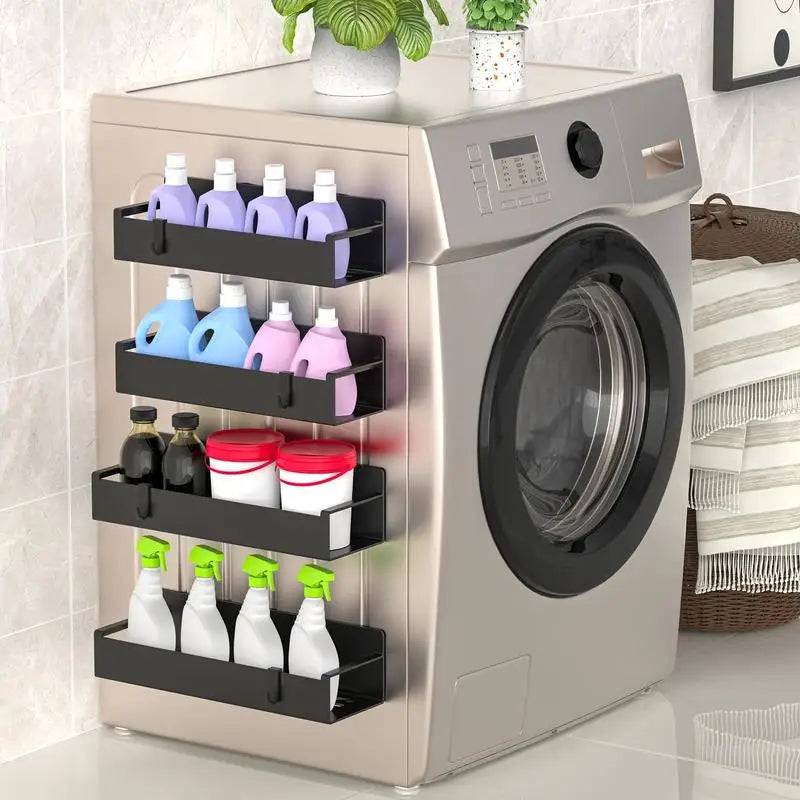 Stackable shelves in front of a washing machine with cleaning supplies on a tiled floor.