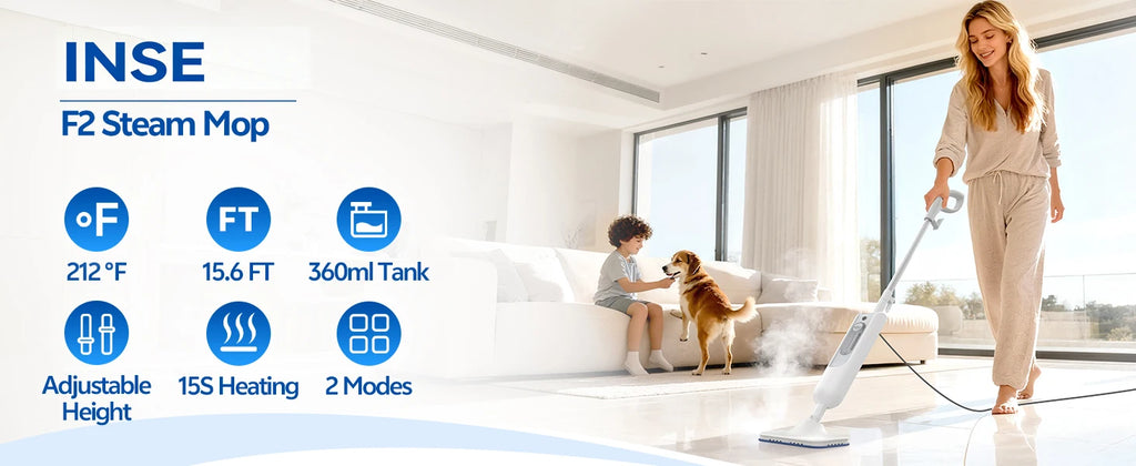 Woman using a steam mop in a living room with INSE F2 Steam Mop branding.