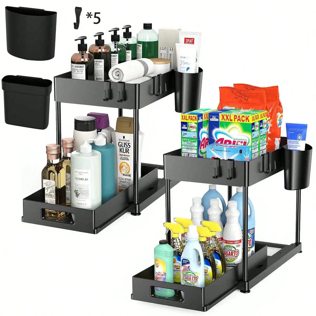 Multi-tiered metal organizer with cleaning supplies and products on a white background
