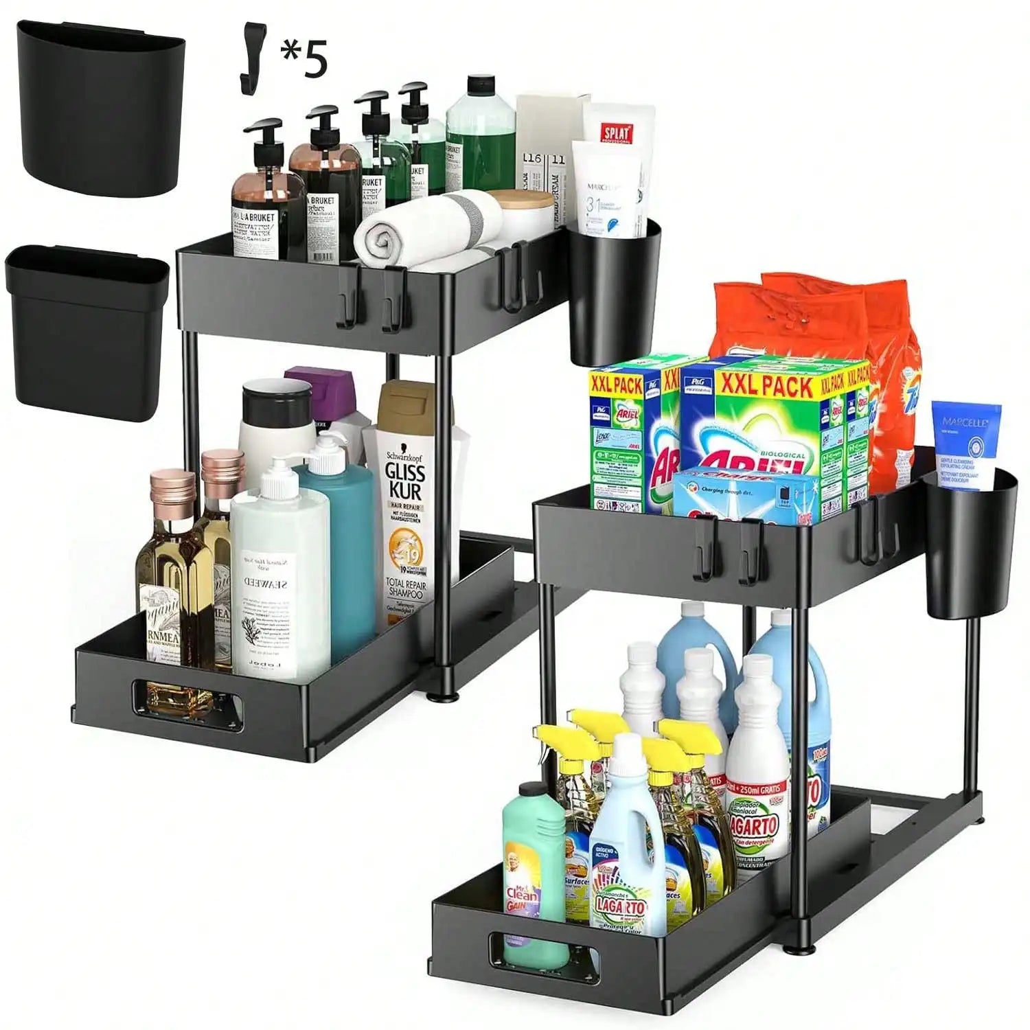 Multi-tiered metal organizer with cleaning supplies and products on a white background