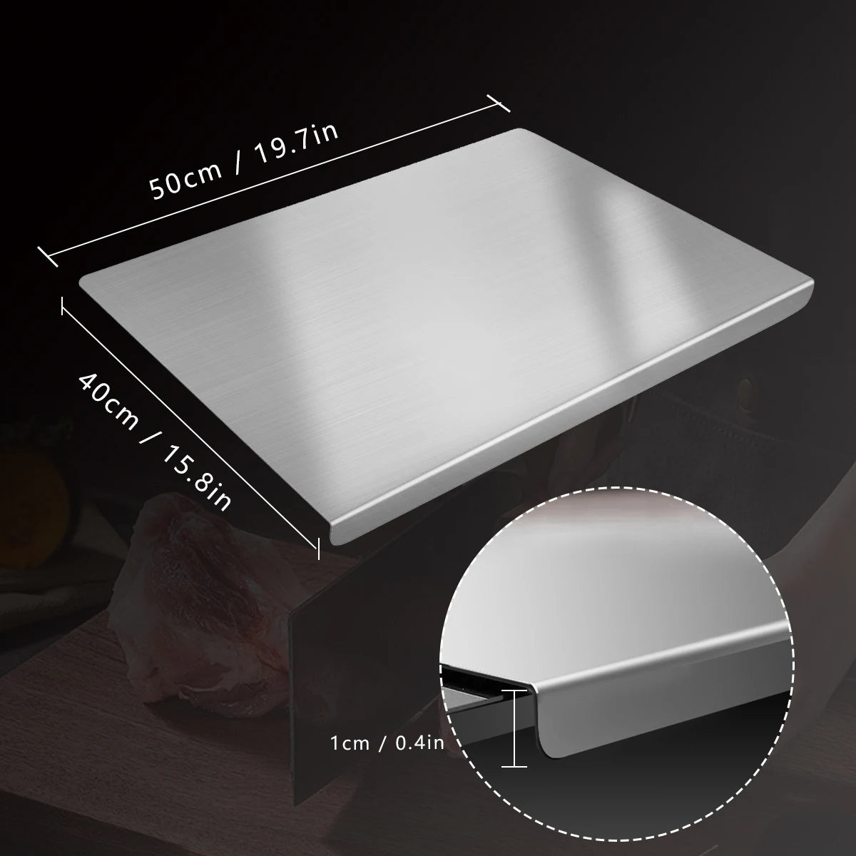 Rectangular metal sink with dimensions labeled on a dark background