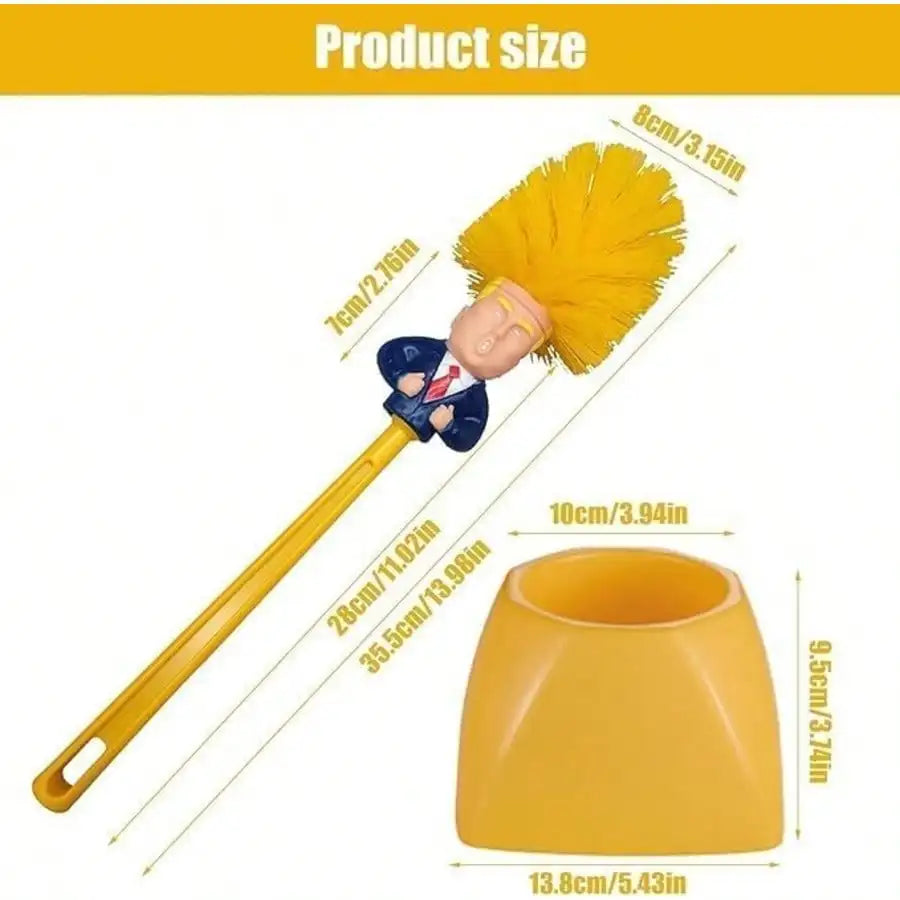 Yellow toilet brush with a novelty face figure on the handle and a matching yellow cup, shown with overlaid dimensions labeled 'Product size' on a white background.