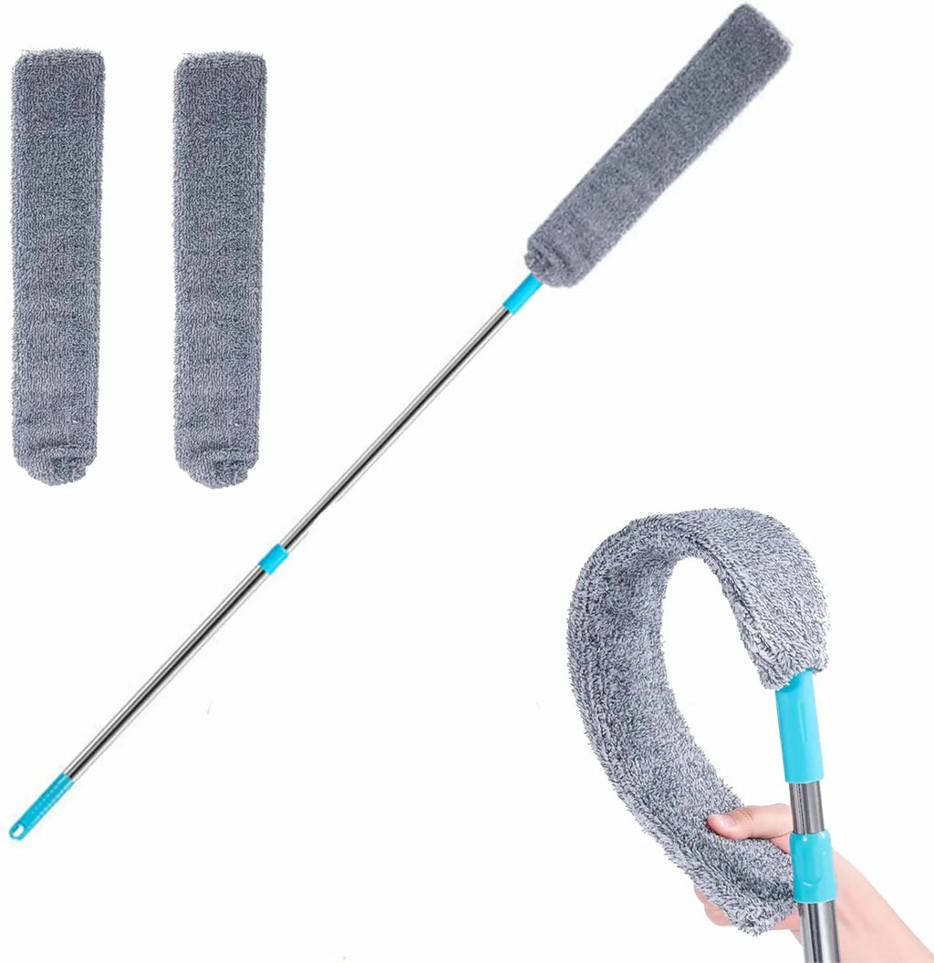 Cleaning tool with extendable handle and interchangeable sleeves on a white background