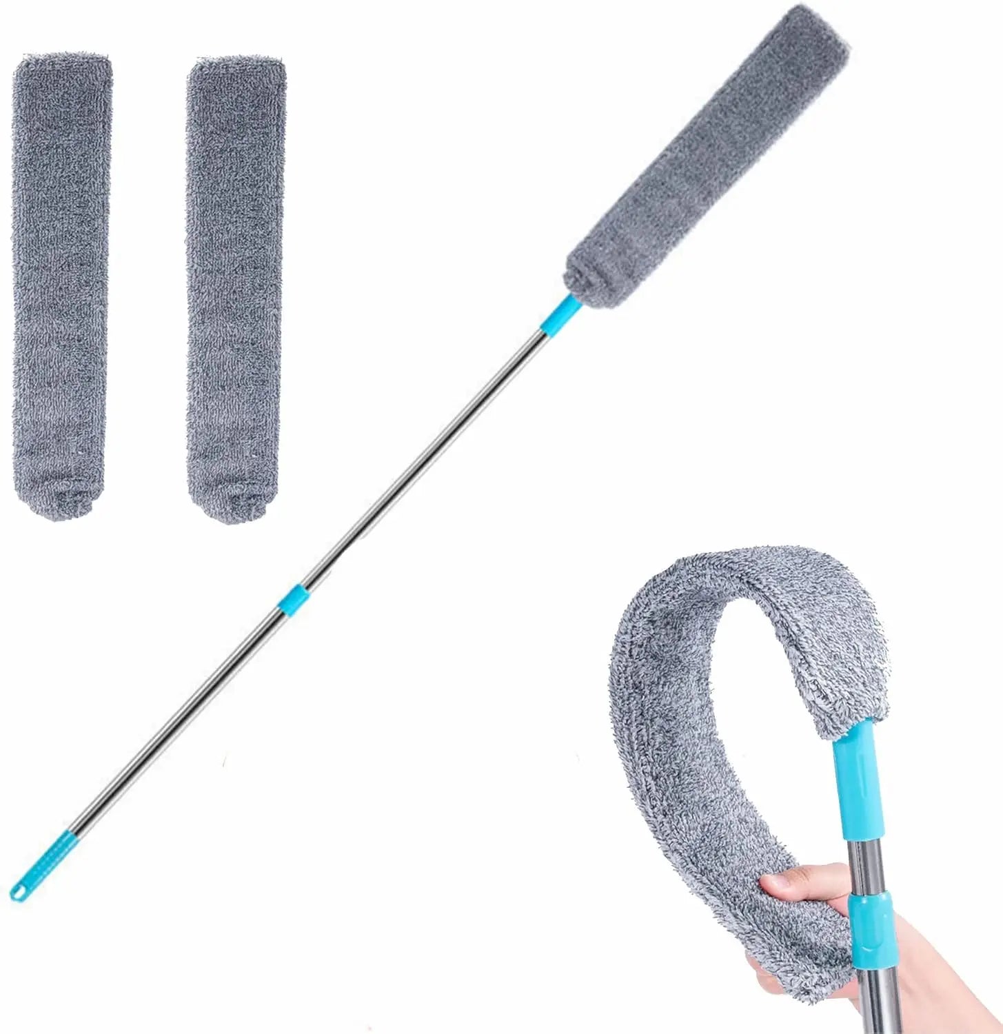 Cleaning tool with extendable handle and interchangeable sleeves on a white background