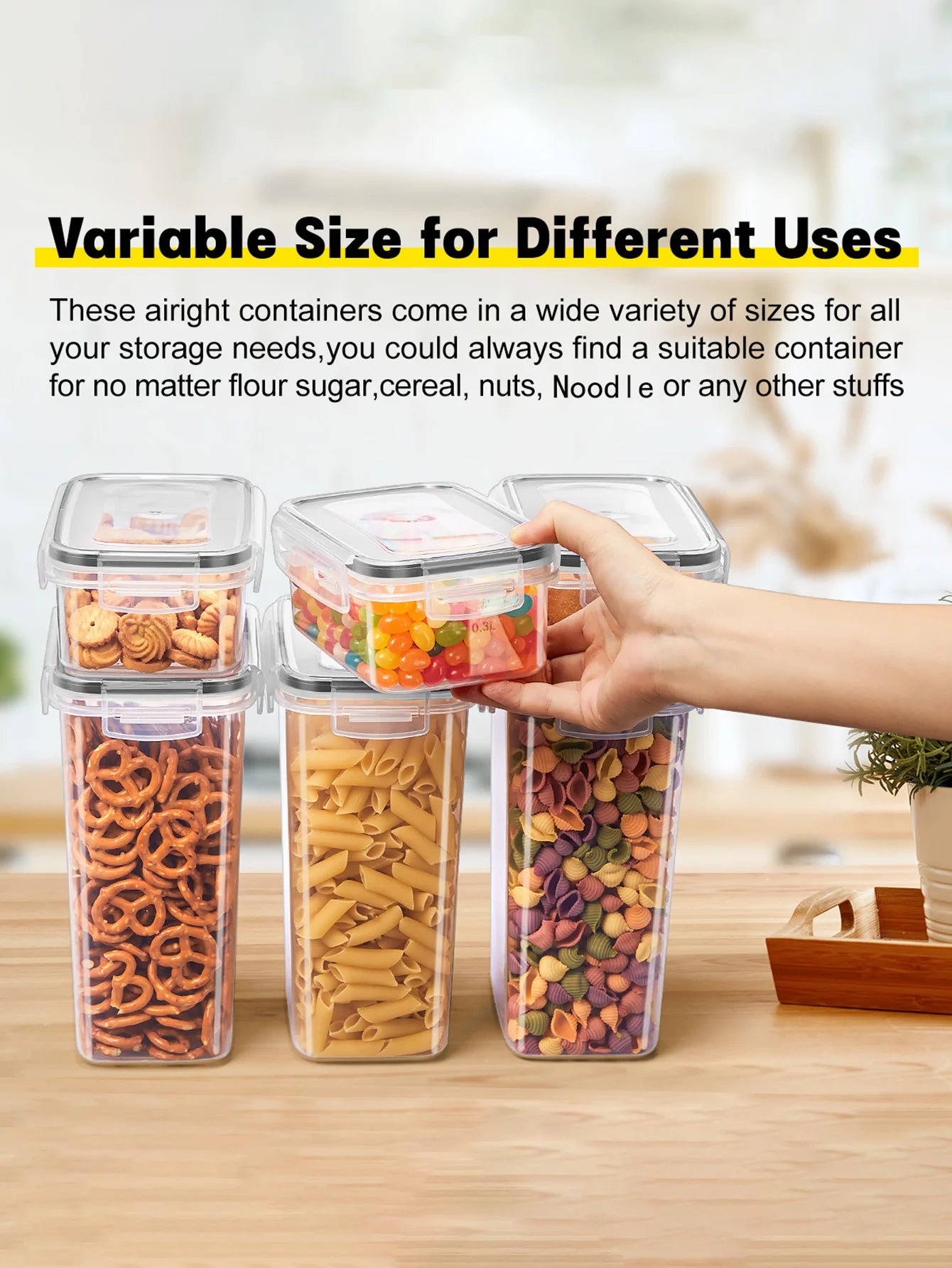 Set of air Tight containers with snacks on a wooden surface, text indicating variable size for different uses.