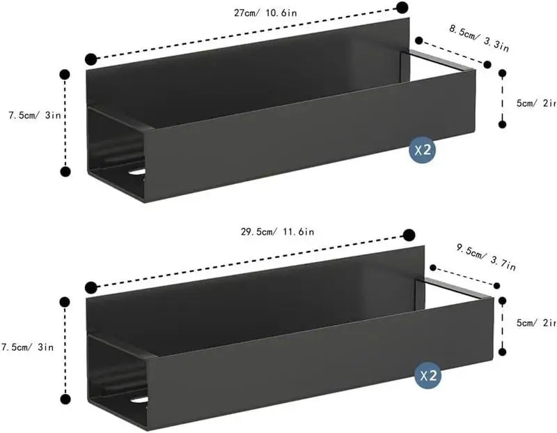 Black metal wall shelves with dimensions on a white background