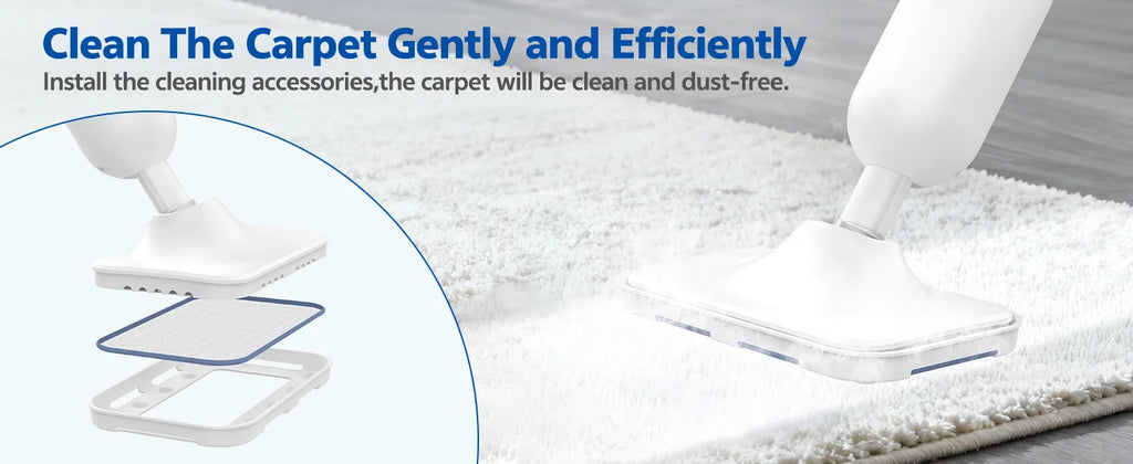 Cleaning device on a carpet with text about cleaning efficiency.