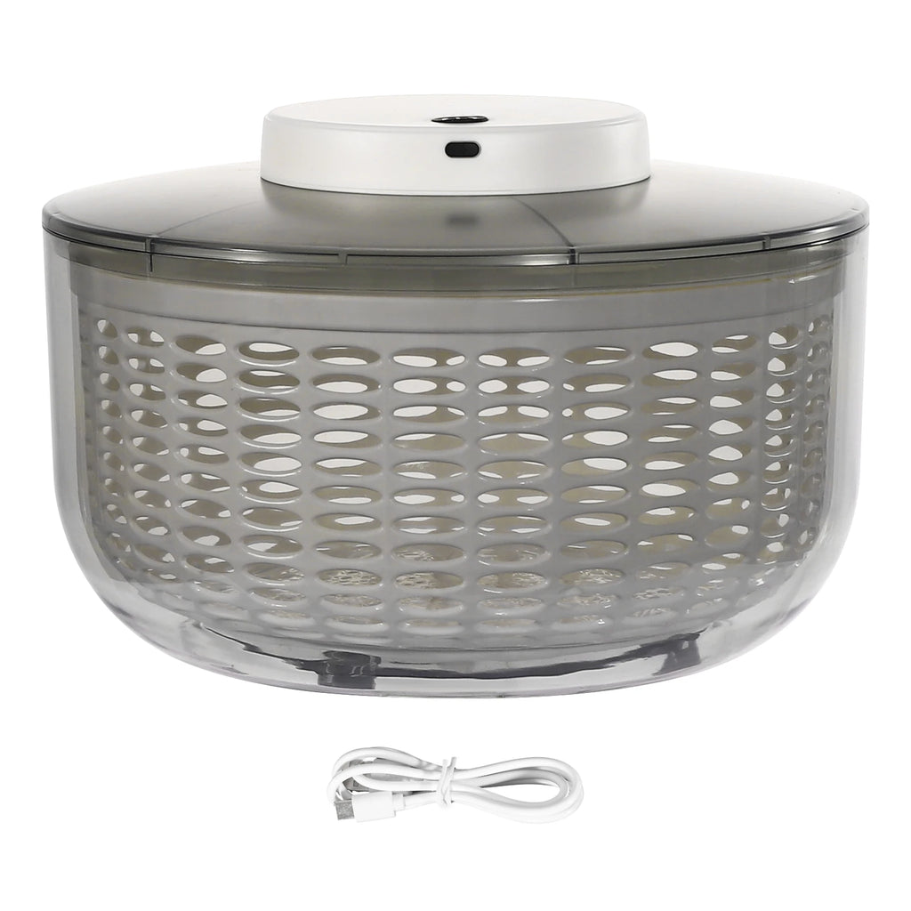 A modern salad spinner with a translucent gray basket, a white top lid, and a white power cord shown below on a plain white background.