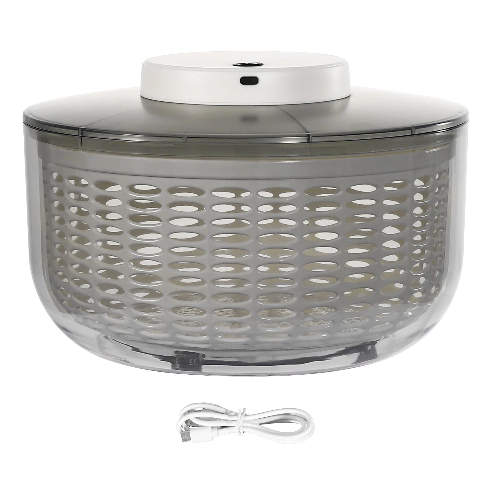 A modern salad spinner with a translucent gray basket, a white top lid, and a white power cord shown below on a plain white background.
