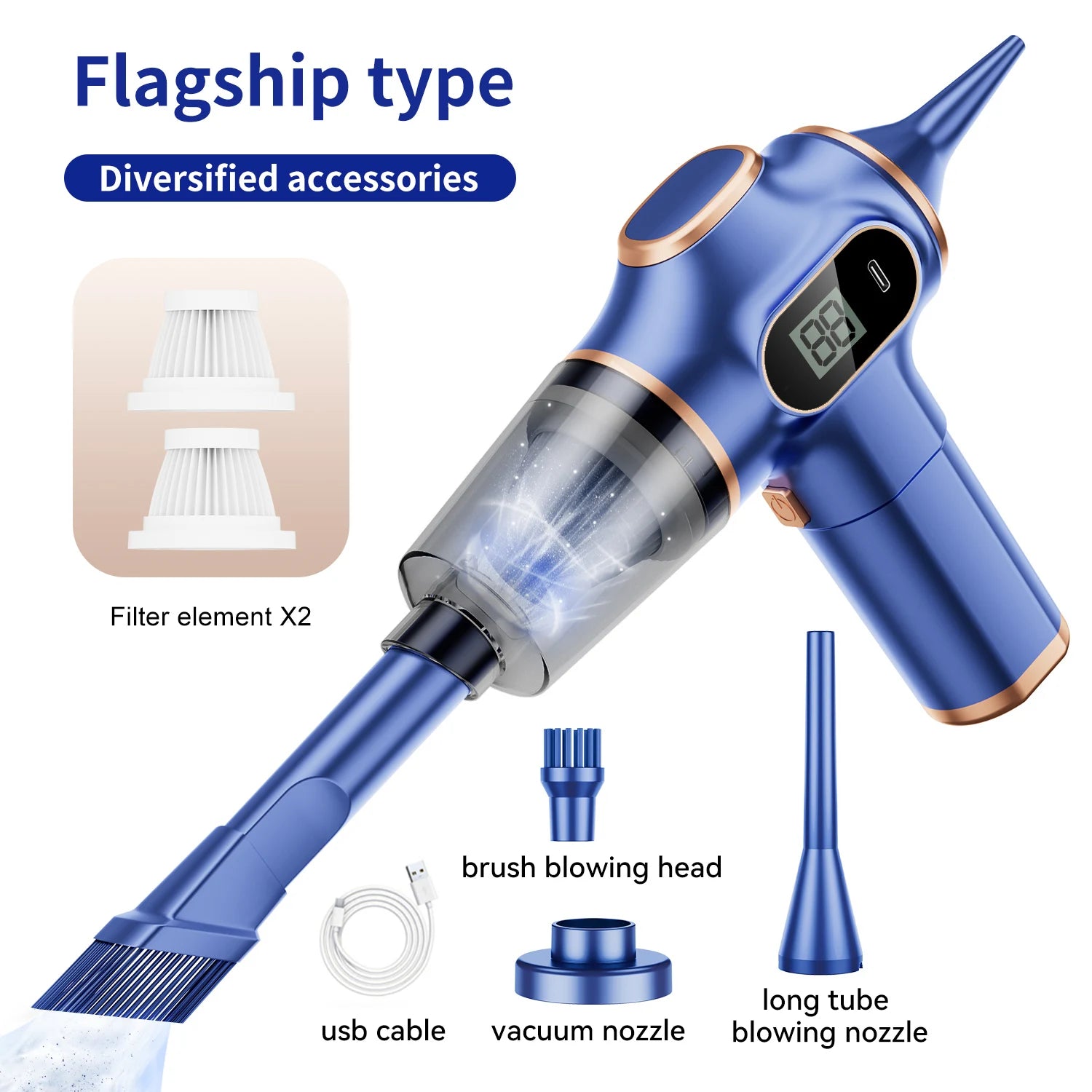 Blue handheld vacuum cleaner with accessories on a white background
