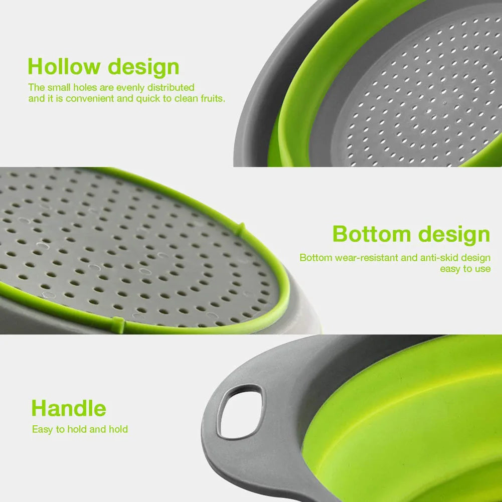 Collapsible colander with green rim and handle on a white background