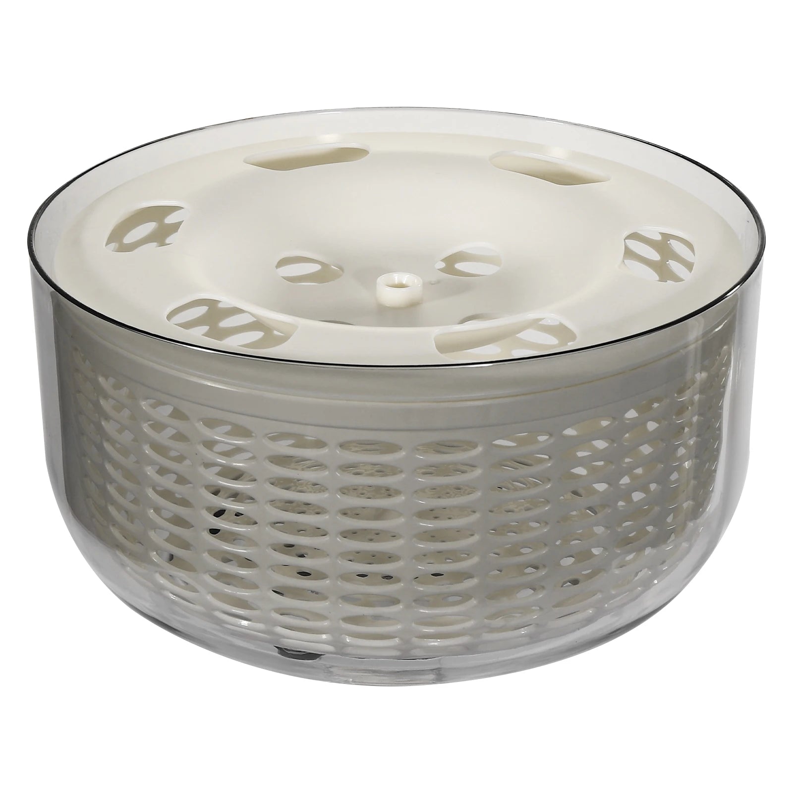 A salad spinner basket with a clear plastic outer bowl and a white inner mesh basket, shown on a plain white background.