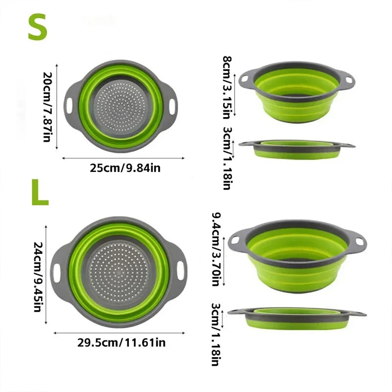 Collapsible green and gray strainers with size measurements on a white background