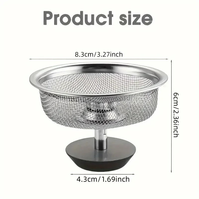 Metal mesh strainer with dimensions labeled on a white background
