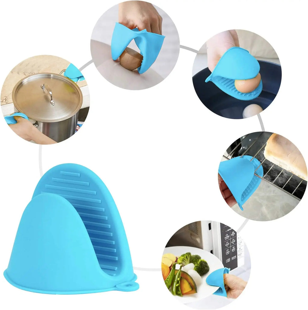 Blue silicone kitchen tool with multiple uses on a white background