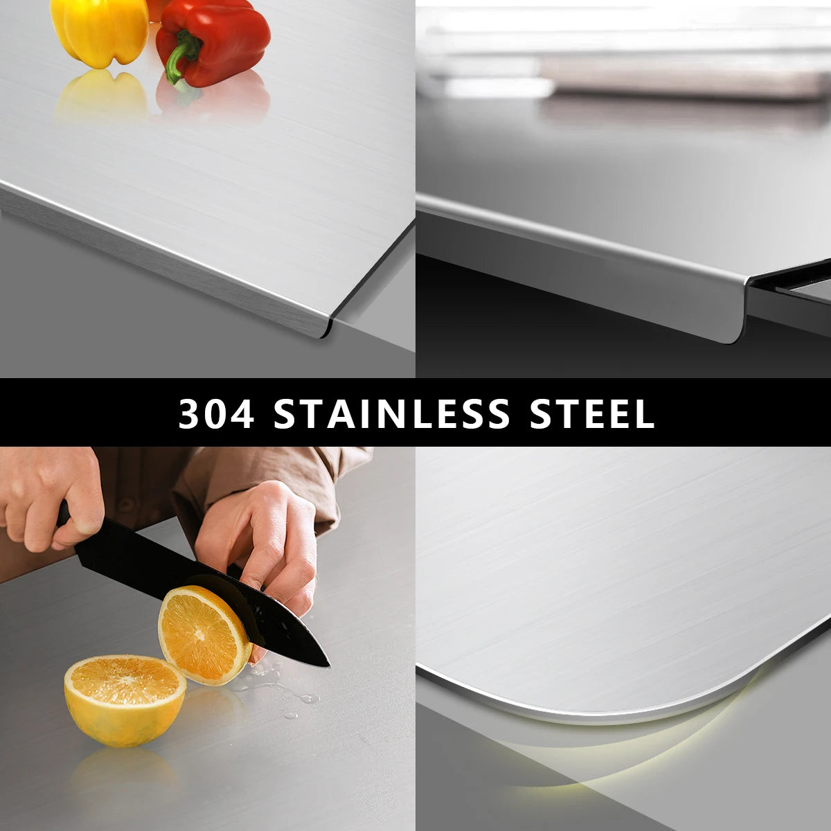 Collage of a cutting board, knife, and lemons with '304 Stainless Steel' text.