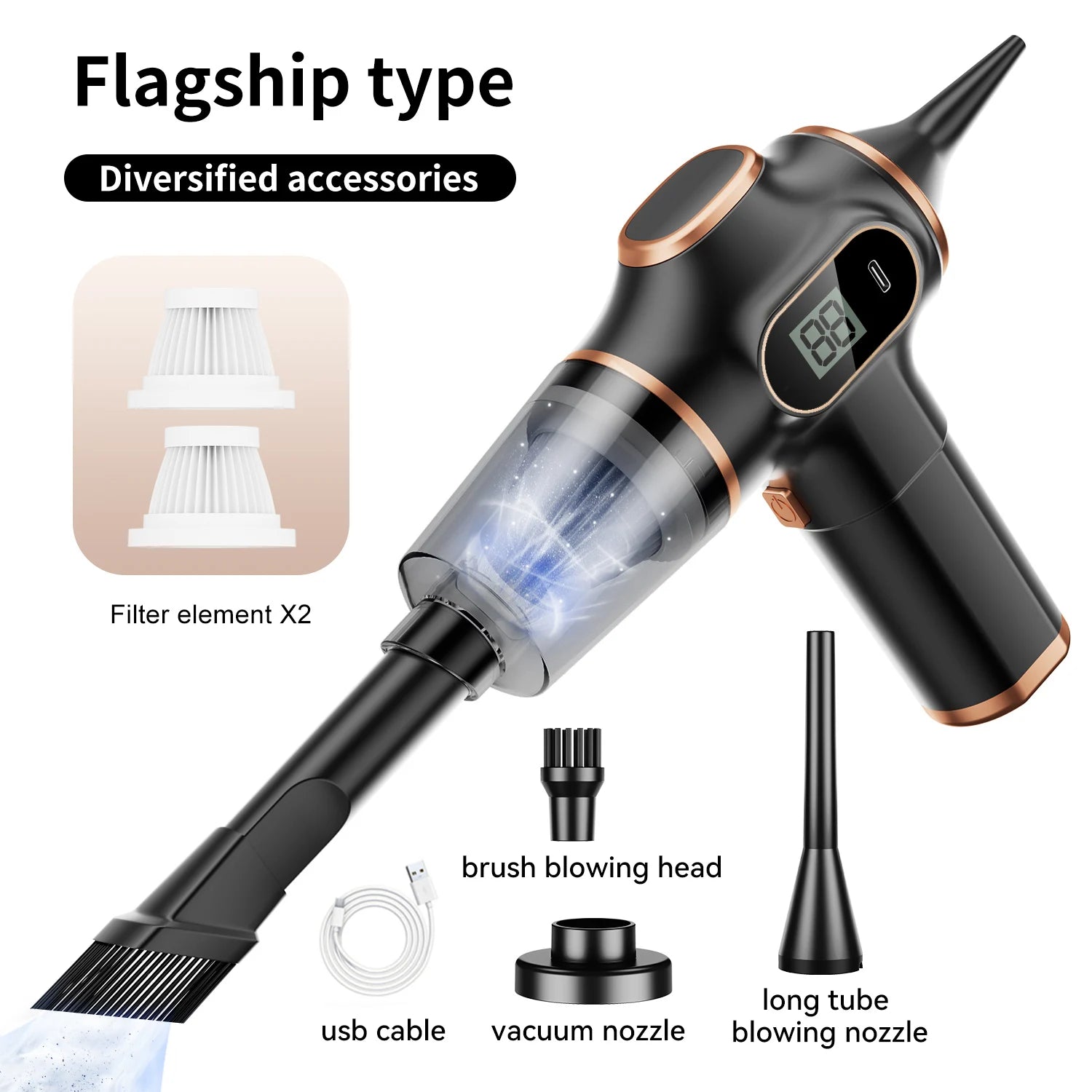 Black handheld vacuum cleaner with accessories on a white background