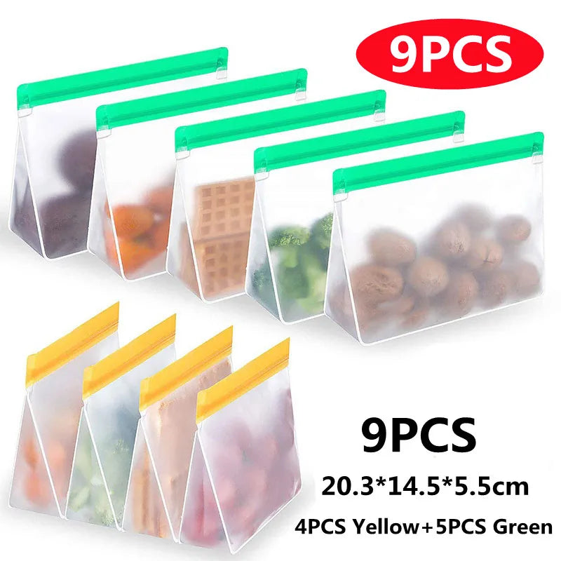 Nine reusable food storage bags with green and yellow lids on a white background