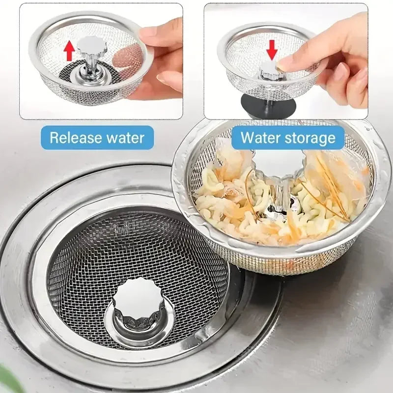 Kitchen sink strainer with water release and storage features, shown in use.