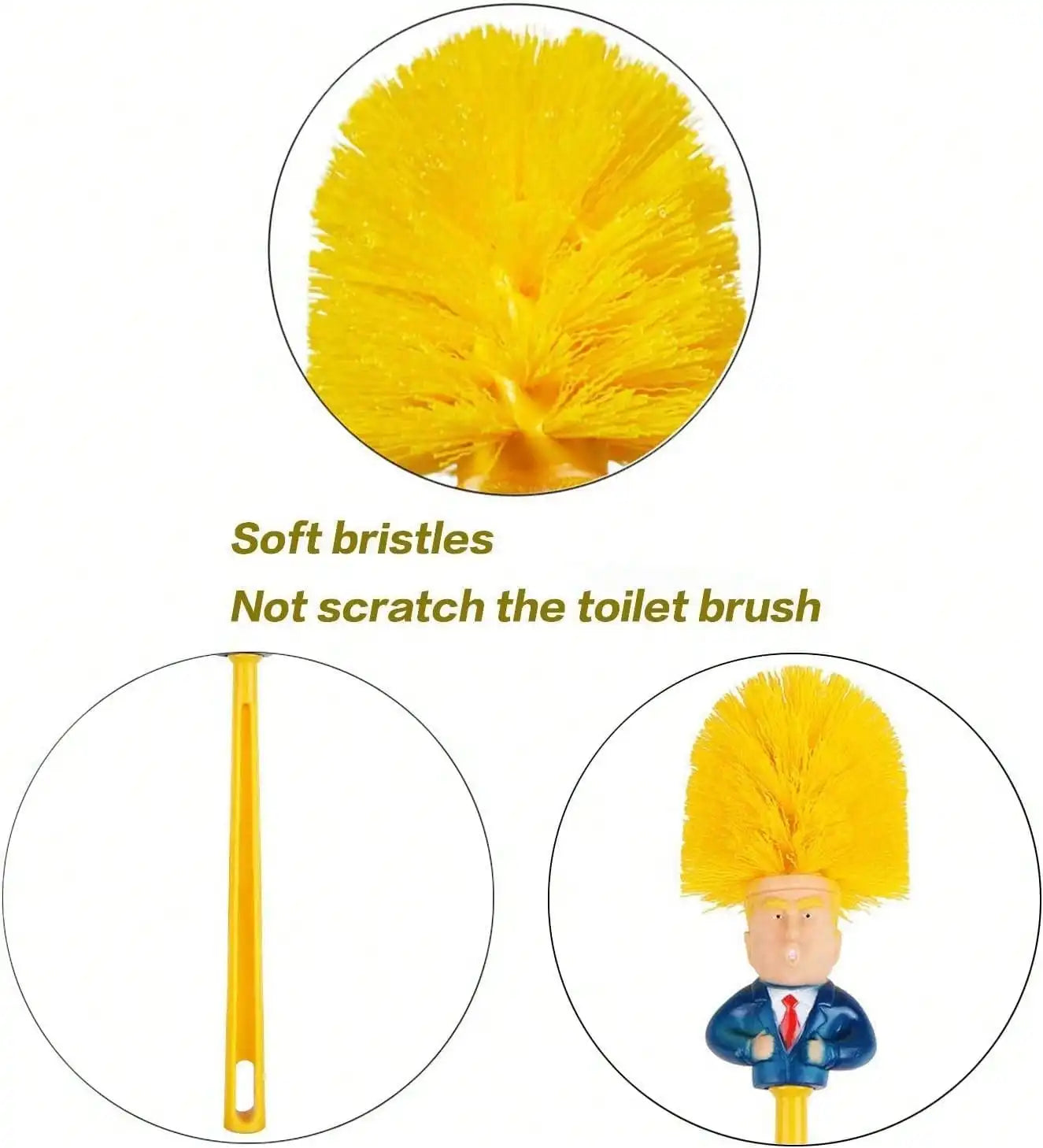 Yellow toilet brush with soft bristles and a detailed view of the bristle head, on a white background.