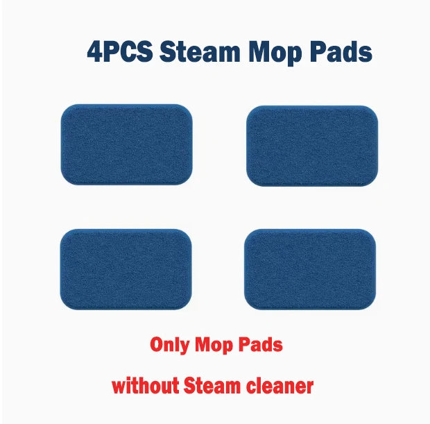 Four blue steam mop pads on a white background with text indicating they are 'Only Mop Pads without Steam cleaner'.