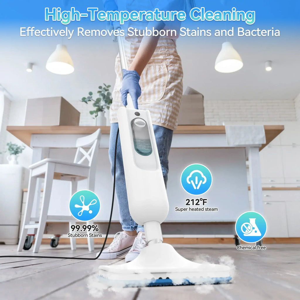 Person using a steam cleaner to clean a floor in a modern kitchen.