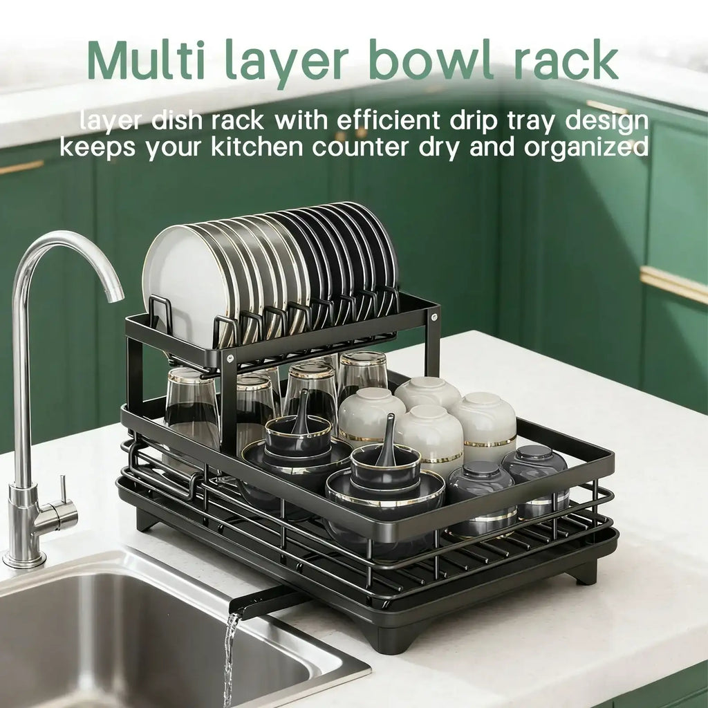 Multi-layered bowl rack with dishes on a kitchen counter, text indicating its benefits.