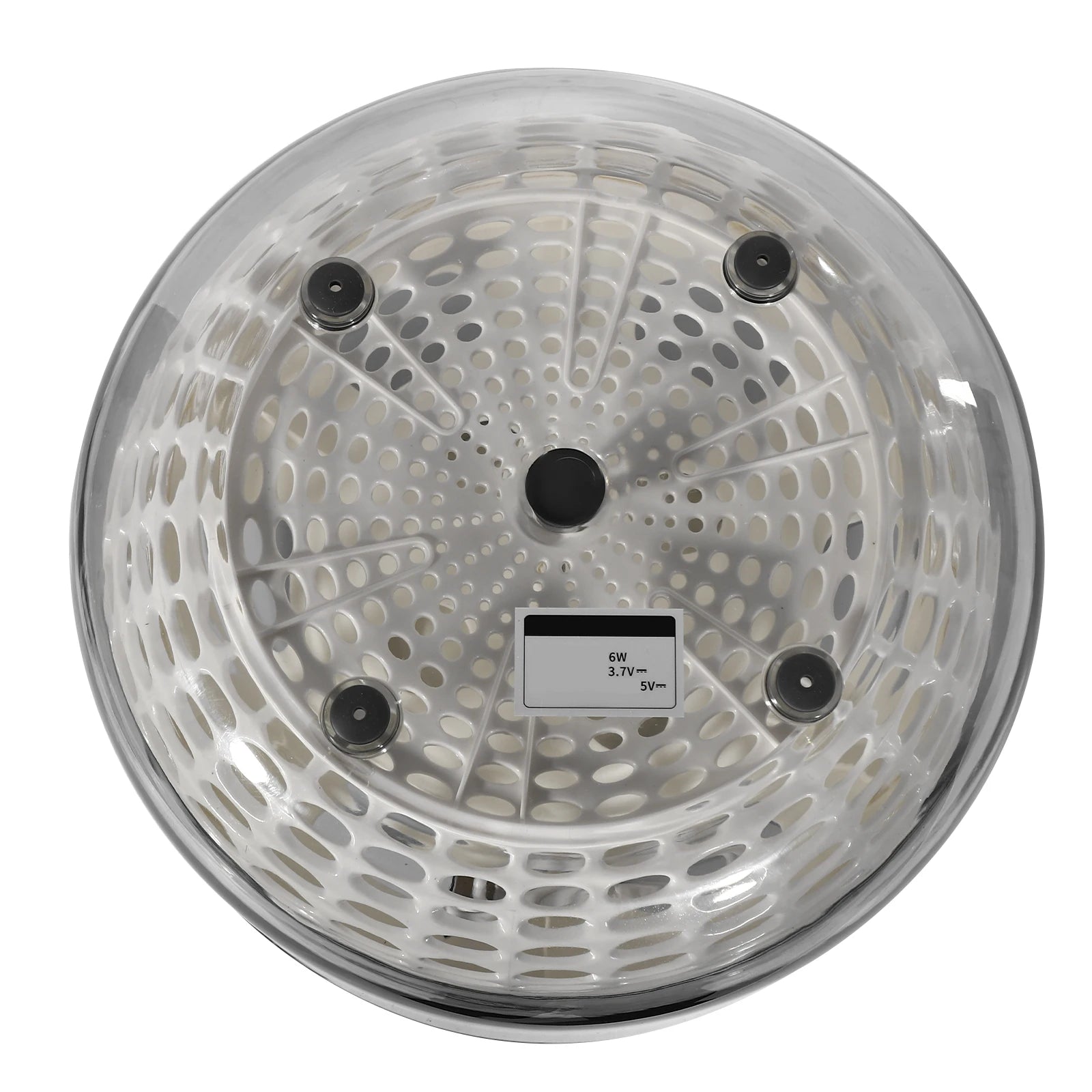A round clear plastic steamer basket insert with a perforated design, black feet, and a small size label, shown on a white background.