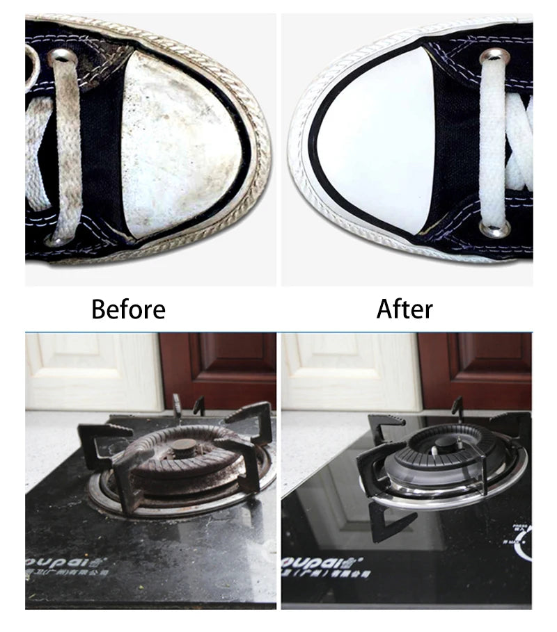 Before and after comparison of a shoe and a gas stove.