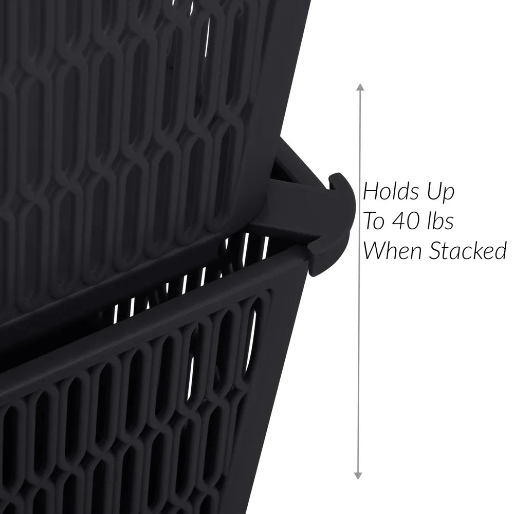 Black storage bin with text indicating weight capacity when stacked
