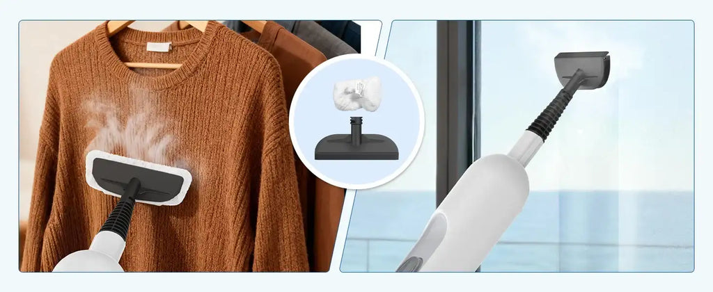 Steam cleaner being used on a brown sweater with a close-up of the nozzle and a window cleaning attachment.
