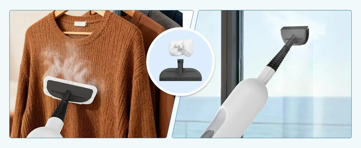Steam cleaner being used on a brown sweater with a close-up of the nozzle and a window cleaning attachment.