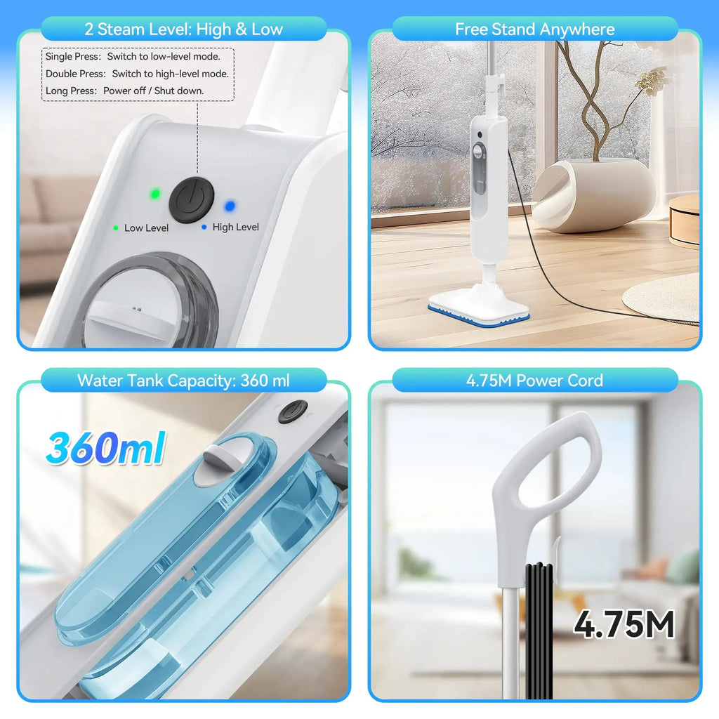 Multifunctional cleaning device with steam function, water tank capacity, and power cord length displayed.
