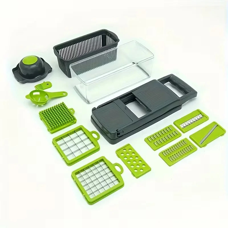 Set of green and gray kitchen tools including a mandoline slicer on a white background