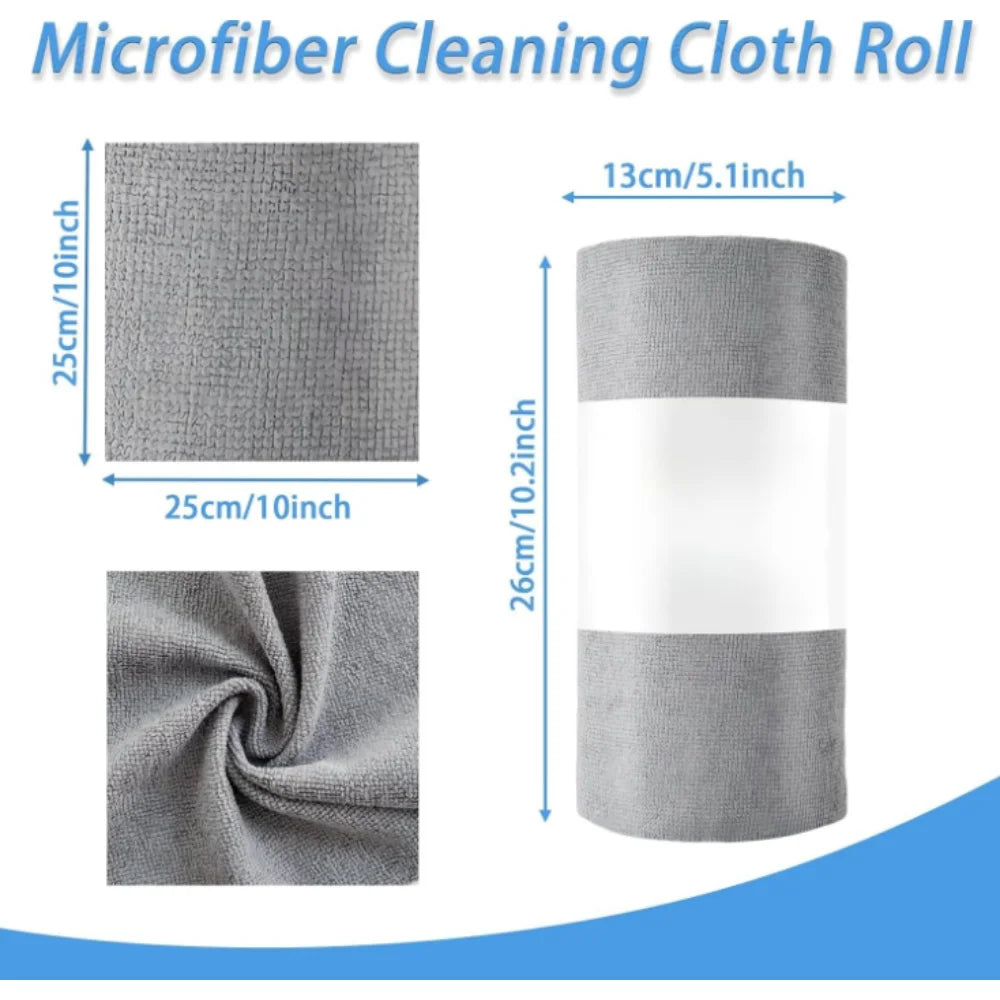 Microfiber cleaning cloth roll with dimensions and fabric texture shown