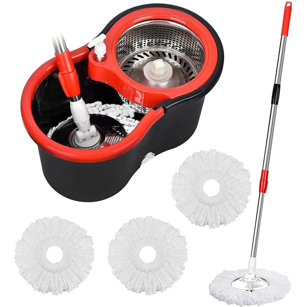 Mop set with black bucket, red handle, and four white mop heads on a white background
