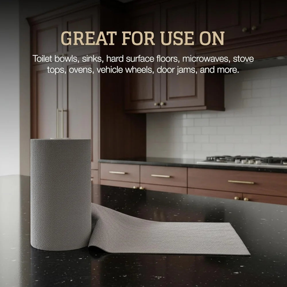 Roll of gray paper towel on a kitchen counter with text about its uses.