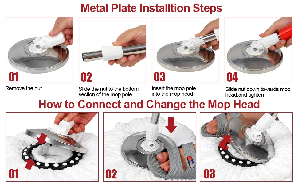 Step-by-step guide on how to connect and change the mop head with visual illustrations.