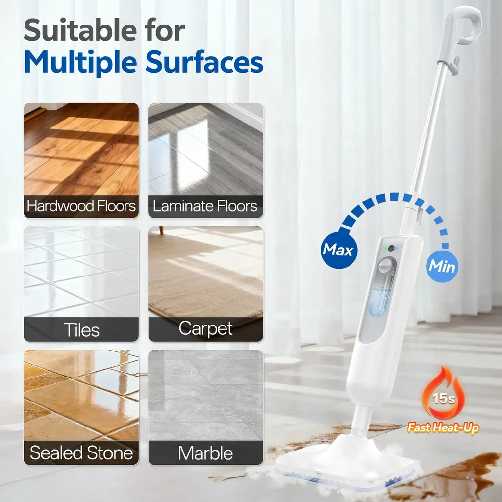 Steam cleaner with text indicating suitability for multiple surfaces like hardwood floors, laminate floors, tiles, carpet, sealed stone, and marble.